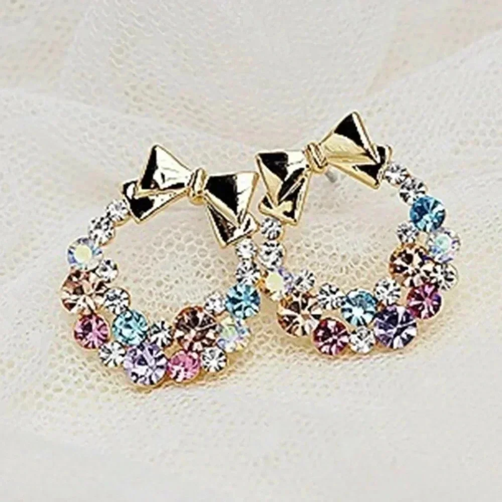 Gold Bow Rainbow Crystal Earrings - Picture 2 of 4